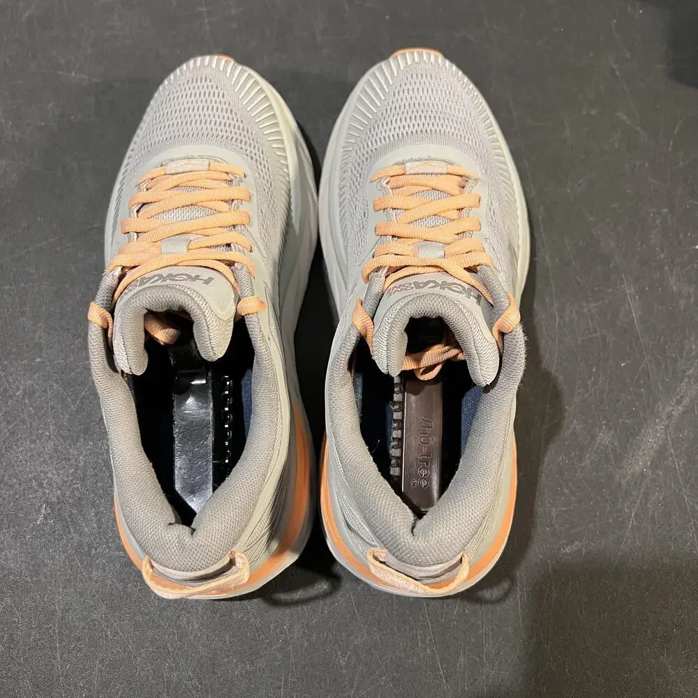 Hoka One One Bondi 7 Shoes Womens Size 7 Gray Peach Running Sneakers Cushioned